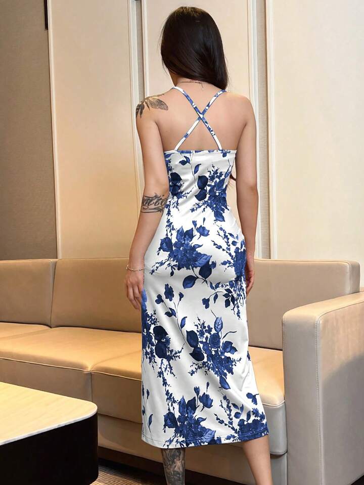 korean Blue Floral Satin Maxi Dress