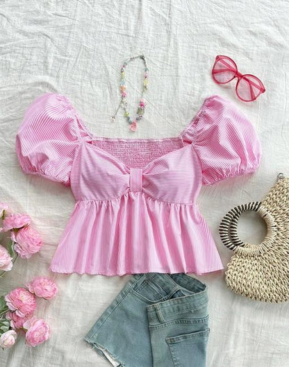 Korean Pink Puff Sleeve Bow Top