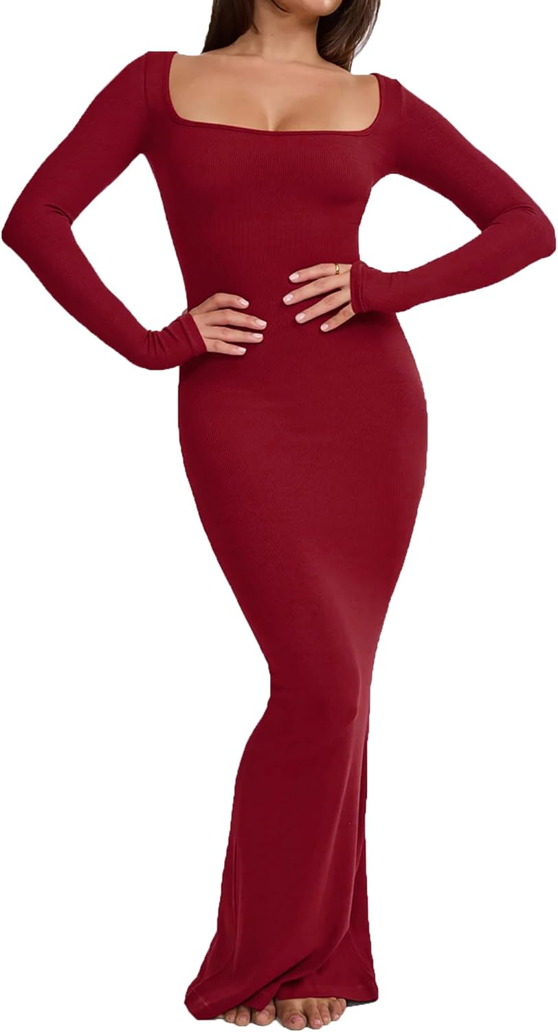 Elegant Burgundy Bodycon Maxi Dress