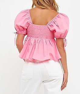 Korean Pink Puff Sleeve Bow Top