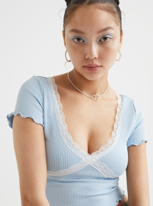 Women Blue Lace-Trim Ribbed Crop Top - Baby Blue