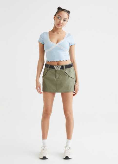 Women Blue Lace-Trim Ribbed Crop Top - Baby Blue