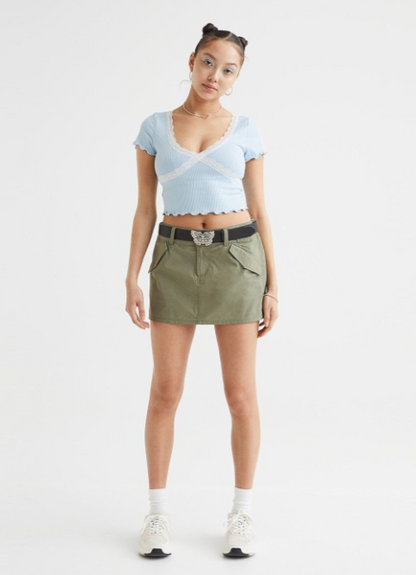 Women Blue Lace-Trim Ribbed Crop Top - Baby Blue