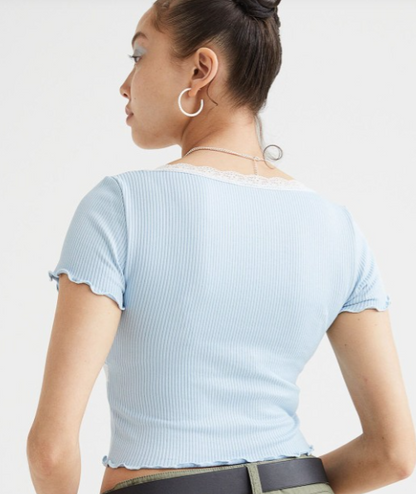 Women Blue Lace-Trim Ribbed Crop Top - Baby Blue