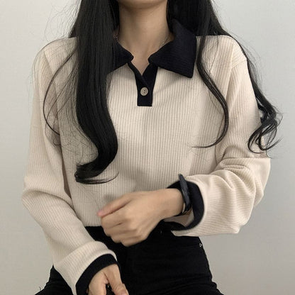 "Korean Elegant Contrast Collar Ribbed Knit Top" - black-and-beige contrast, ribbed texture, and cozy knit fabric