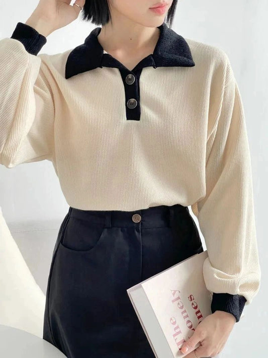 "Korean Elegant Contrast Collar Ribbed Knit Top" - black-and-beige contrast, ribbed texture, and cozy knit fabric