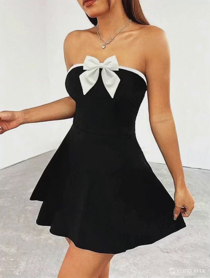 "Korean Elegant Black Bow Strapless Dress – Chic, Flirty & Timeless! Perfect for Parties, Dates & Special Nights.